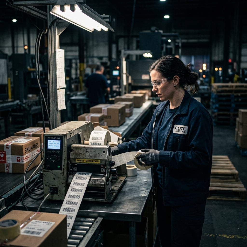 Operaria trabajando con maquinaria de etiquetas